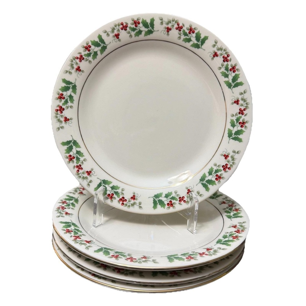 Gibson Holly Berries Bread Dessert Plates Set of 4 Christmas Holiday China 7"